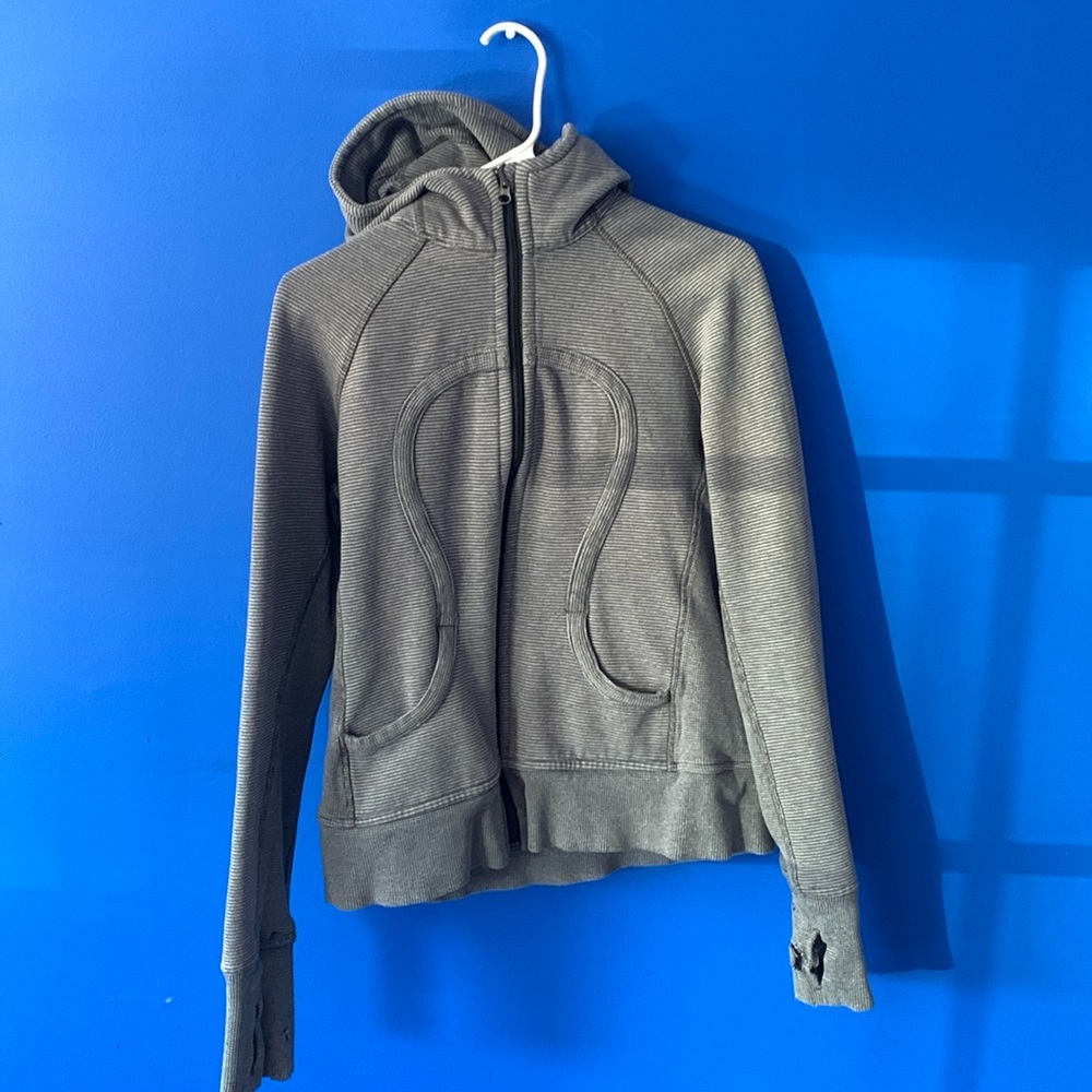 Gray and black striped Lululemon scuba hoodie